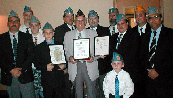 Group photo: Ernest Hotaling receiving certificates for 25 yrs as Advisor from our squadron members